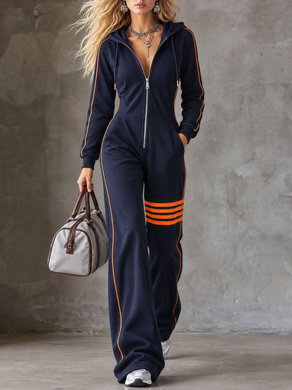 Sporty Retro Color-blocked Navy Blue Cotton Long-sleeved Hooded Jumpsuit