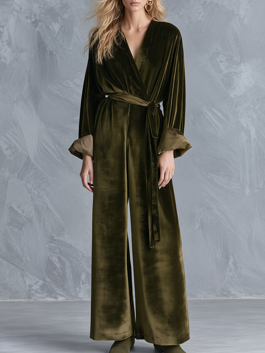 Velvet Wrap V-Neck Belted Wide-Leg Jumpsuit