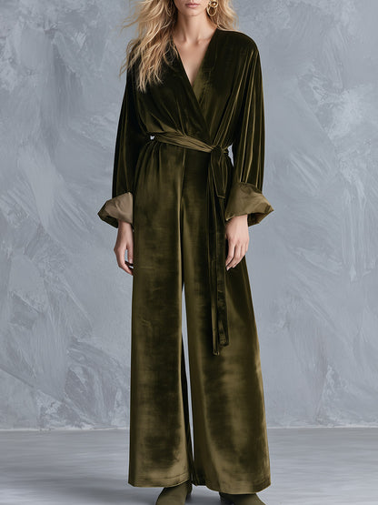 Velvet Wrap V-Neck Belted Wide-Leg Jumpsuit