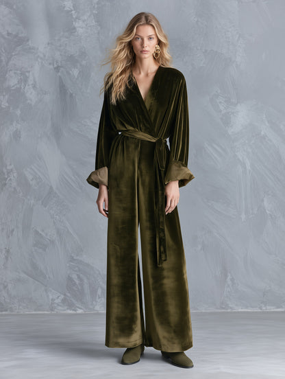 Velvet Wrap V-Neck Belted Wide-Leg Jumpsuit