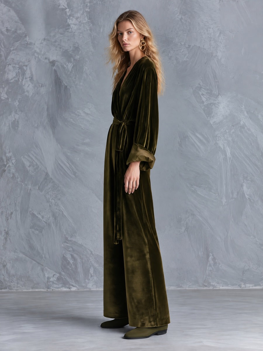 Velvet Wrap V-Neck Belted Wide-Leg Jumpsuit