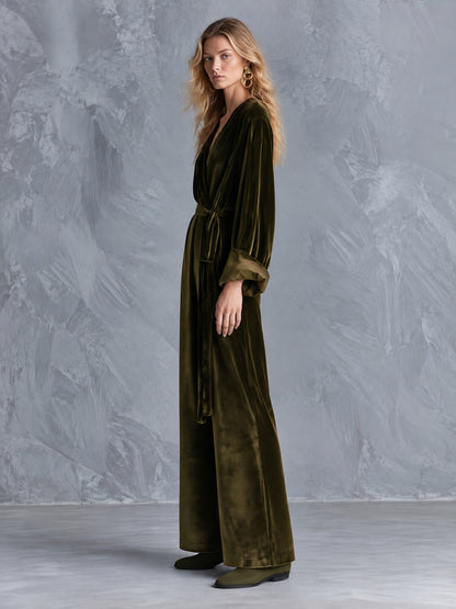 Velvet Wrap V-Neck Belted Wide-Leg Jumpsuit