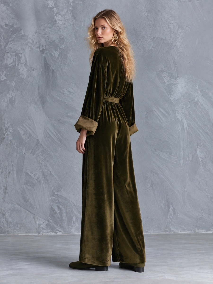 Velvet Wrap V-Neck Belted Wide-Leg Jumpsuit