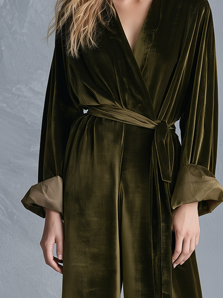 Velvet Wrap V-Neck Belted Wide-Leg Jumpsuit