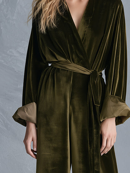 Velvet Wrap V-Neck Belted Wide-Leg Jumpsuit