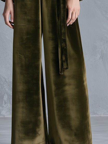 Velvet Wrap V-Neck Belted Wide-Leg Jumpsuit