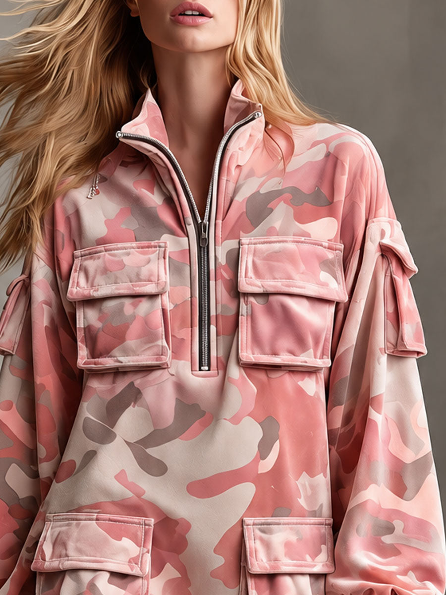 Casual Retro Pink Camouflage Multi-pocket Velvet Mini Dress