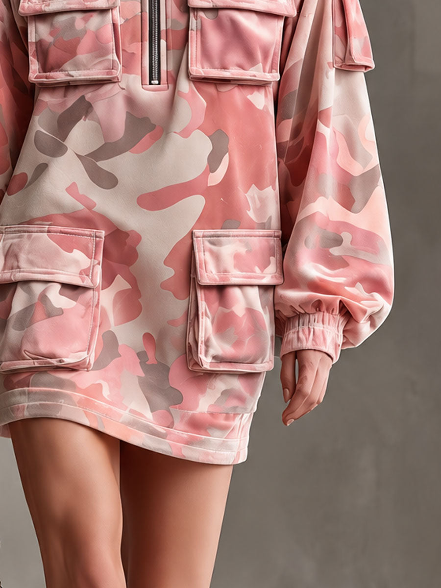 Casual Retro Pink Camouflage Multi-pocket Velvet Mini Dress