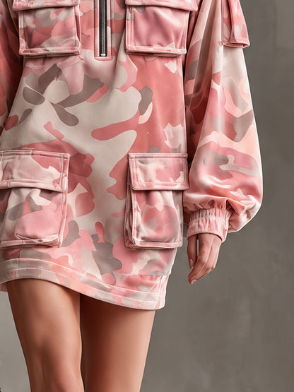 Casual Retro Pink Camouflage Multi-pocket Velvet Mini Dress