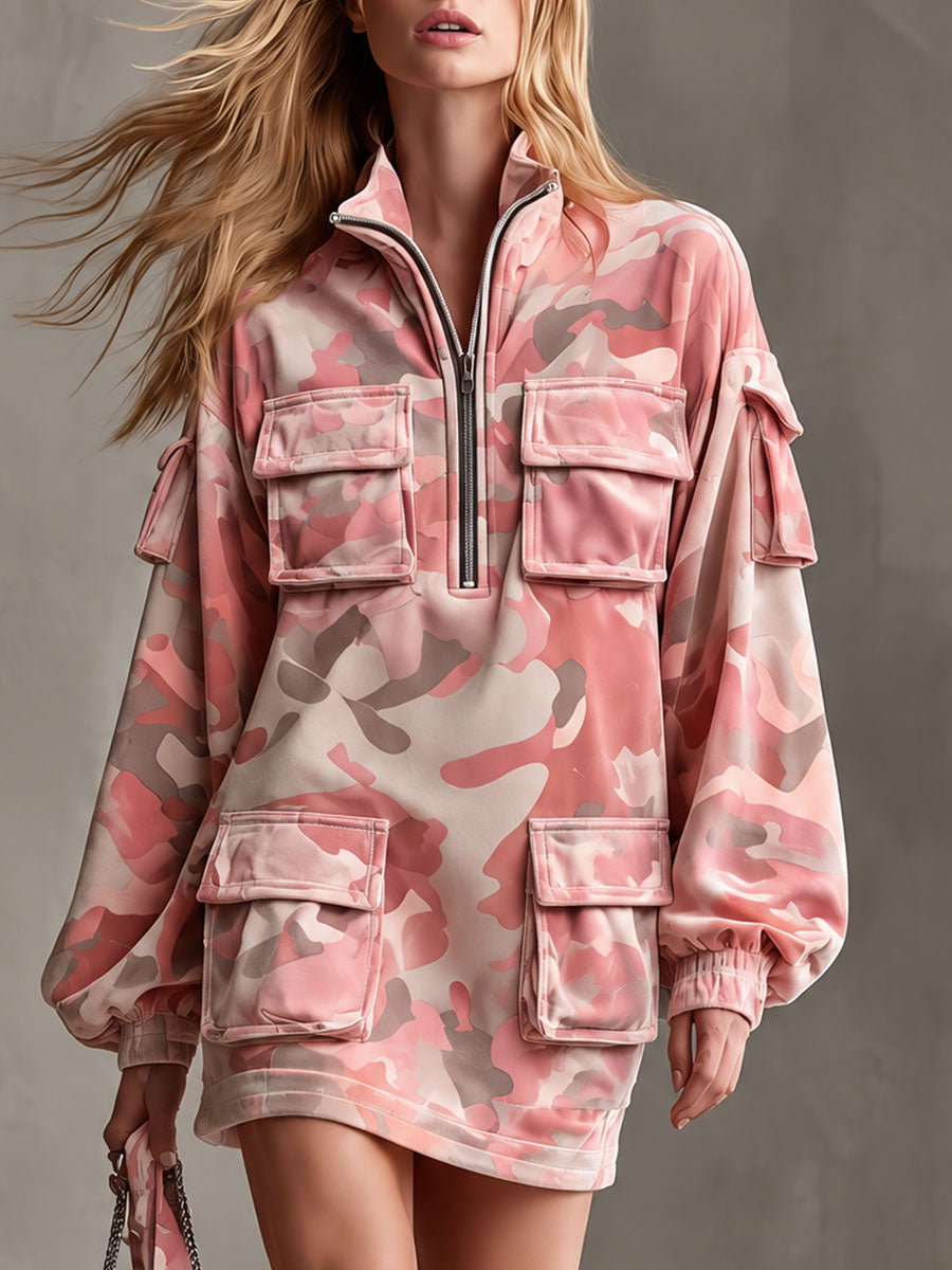 Casual Retro Pink Camouflage Multi-pocket Velvet Mini Dress