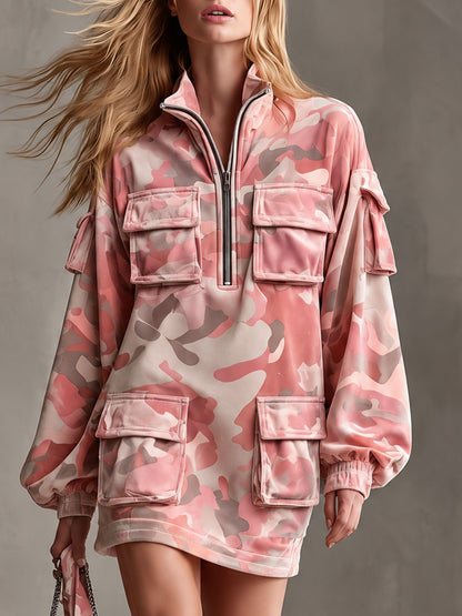 Casual Retro Pink Camouflage Multi-pocket Velvet Mini Dress