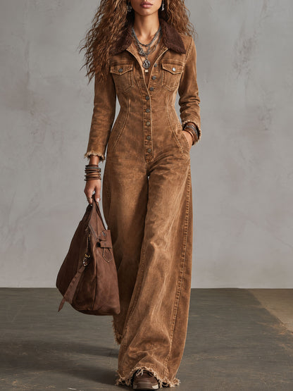 Western Retro Fleece Collar Long Sleeve Wide Leg Frayed Brown Denim Jumpsuit