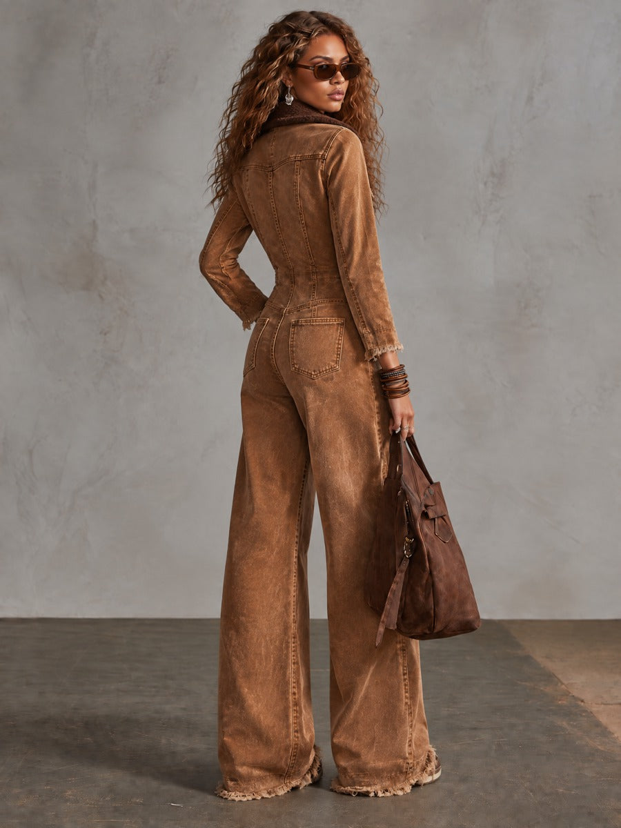 Western Retro Fleece Collar Long Sleeve Wide Leg Frayed Brown Denim Jumpsuit