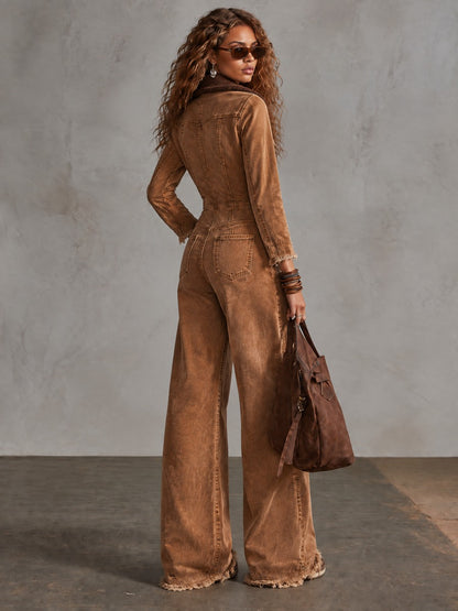 Western Retro Fleece Collar Long Sleeve Wide Leg Frayed Brown Denim Jumpsuit