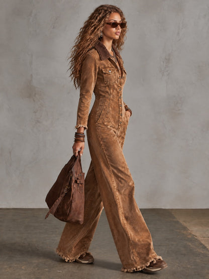 Western Retro Fleece Collar Long Sleeve Wide Leg Frayed Brown Denim Jumpsuit