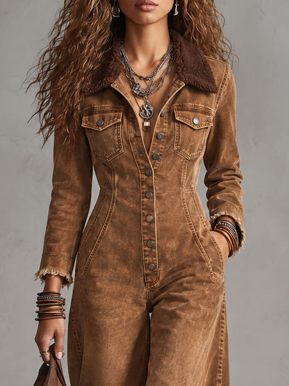 Western Retro Fleece Collar Long Sleeve Wide Leg Frayed Brown Denim Jumpsuit