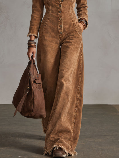 Western Retro Fleece Collar Long Sleeve Wide Leg Frayed Brown Denim Jumpsuit