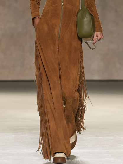 Western Retro Tassel Brown Faux Suede Long-Sleeved Jumpsuit