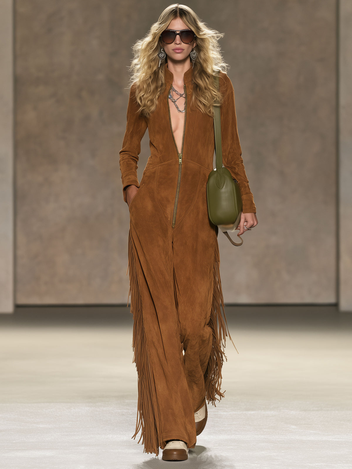 Western Retro Tassel Brown Faux Suede Long-Sleeved Jumpsuit