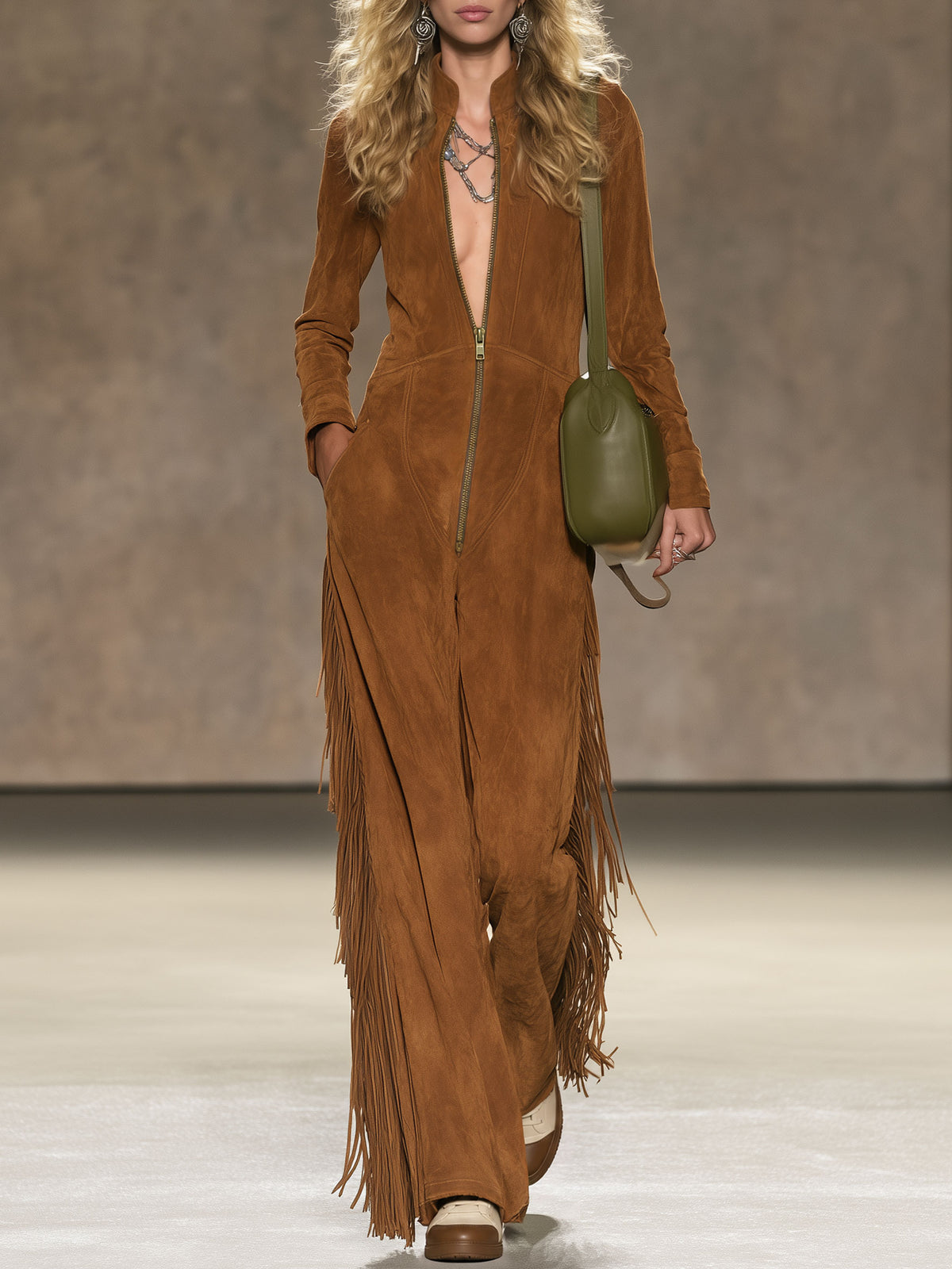Western Retro Tassel Brown Faux Suede Long-Sleeved Jumpsuit