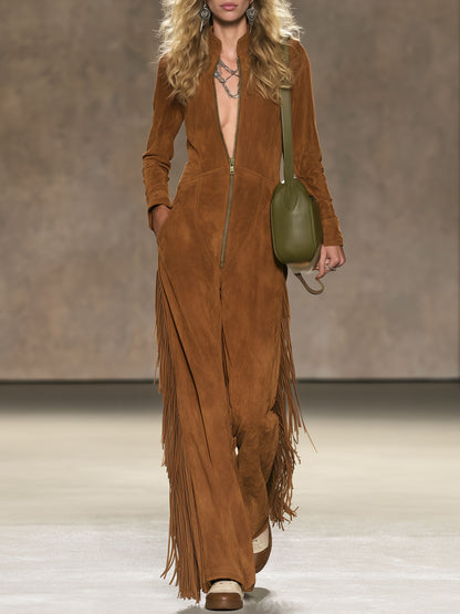 Western Retro Tassel Brown Faux Suede Long-Sleeved Jumpsuit
