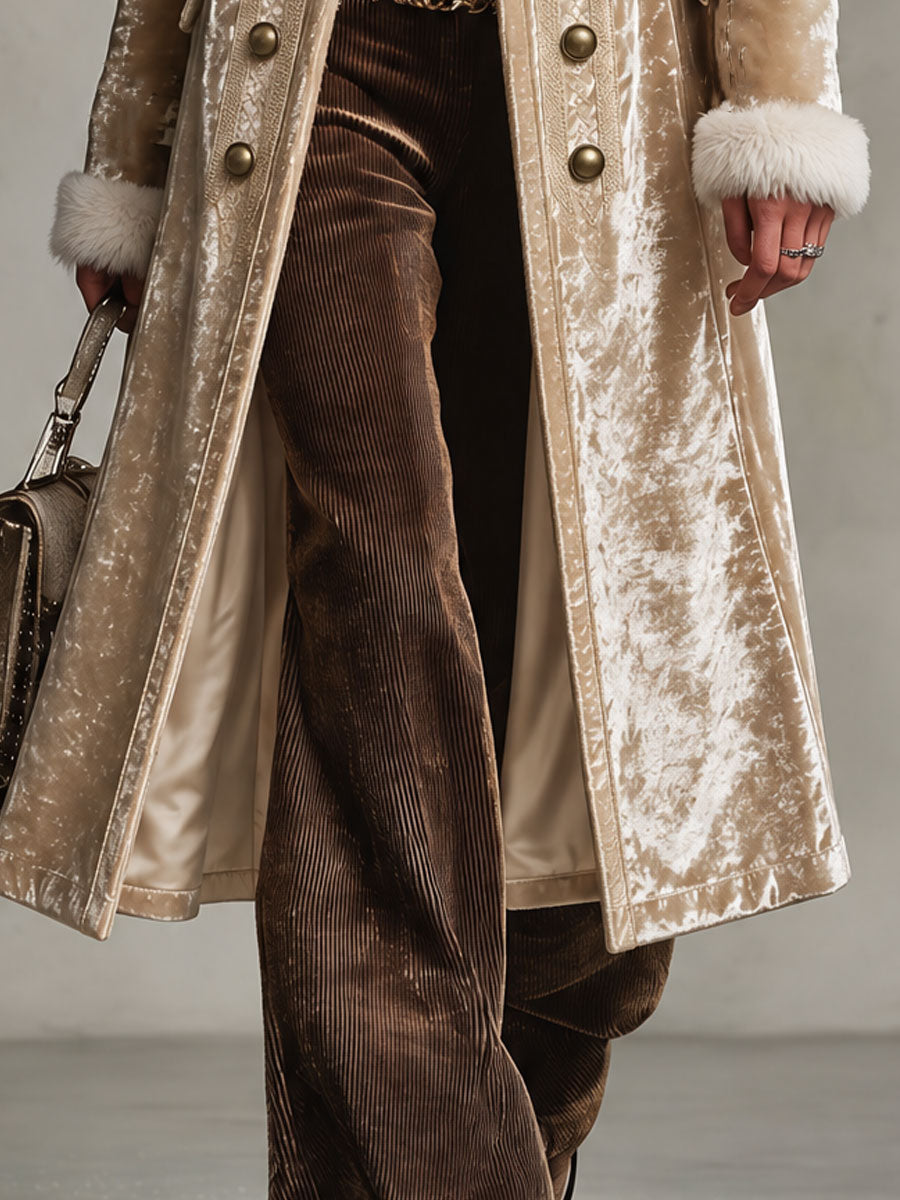 Retro Elegant Champagne Velvet Faux Fur-Trimmed Double-Breasted Long Coat
