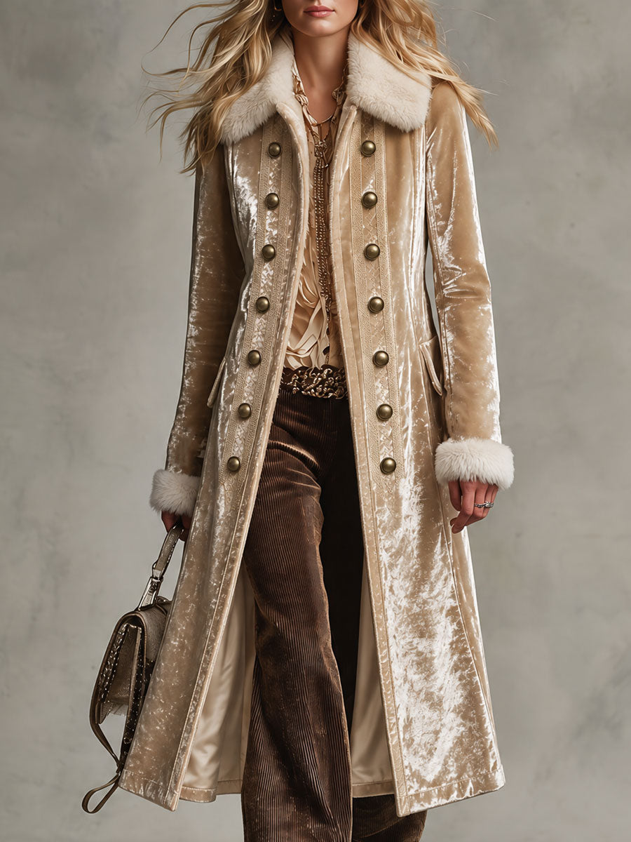 Retro Elegant Champagne Velvet Faux Fur-Trimmed Double-Breasted Long Coat
