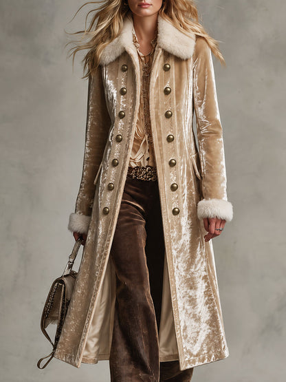 Retro Elegant Champagne Velvet Faux Fur-Trimmed Double-Breasted Long Coat