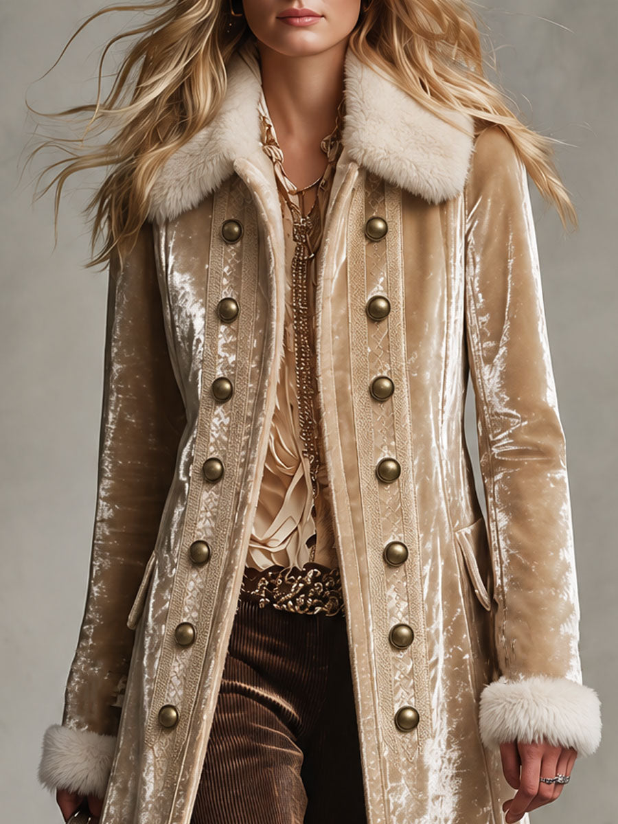 Retro Elegant Champagne Velvet Faux Fur-Trimmed Double-Breasted Long Coat