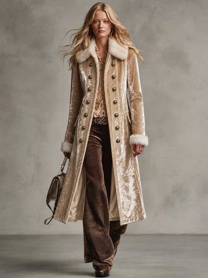 Retro Elegant Champagne Velvet Faux Fur-Trimmed Double-Breasted Long Coat