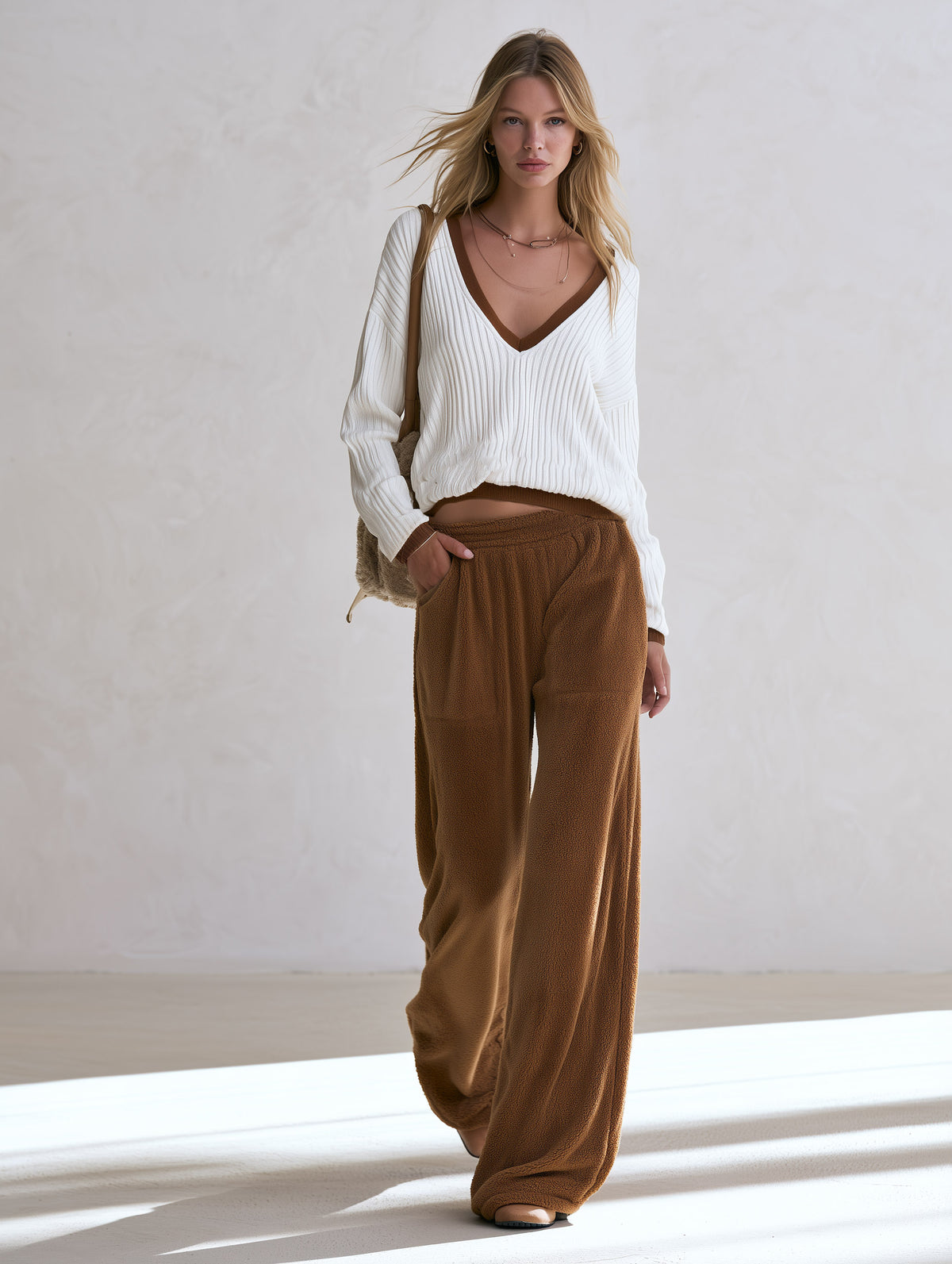Casual White Knit Top And Brown Fleece Wide-leg Pants Set