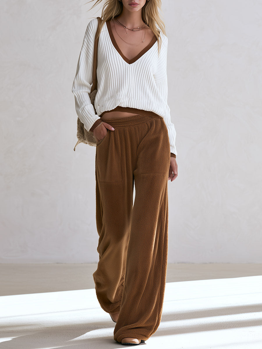 Casual White Knit Top And Brown Fleece Wide-leg Pants Set