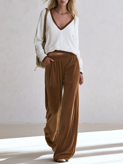 Casual White Knit Top And Brown Fleece Wide-leg Pants Set