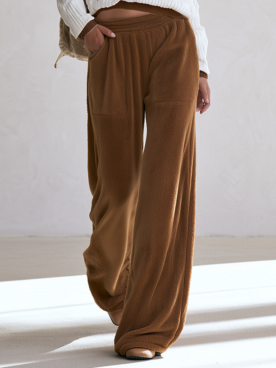 Casual White Knit Top And Brown Fleece Wide-leg Pants Set