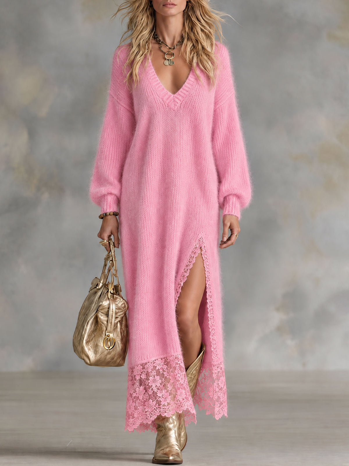 Fashionable Long-sleeved V-neck Lace Pink Mohair Knit Maxi Dress