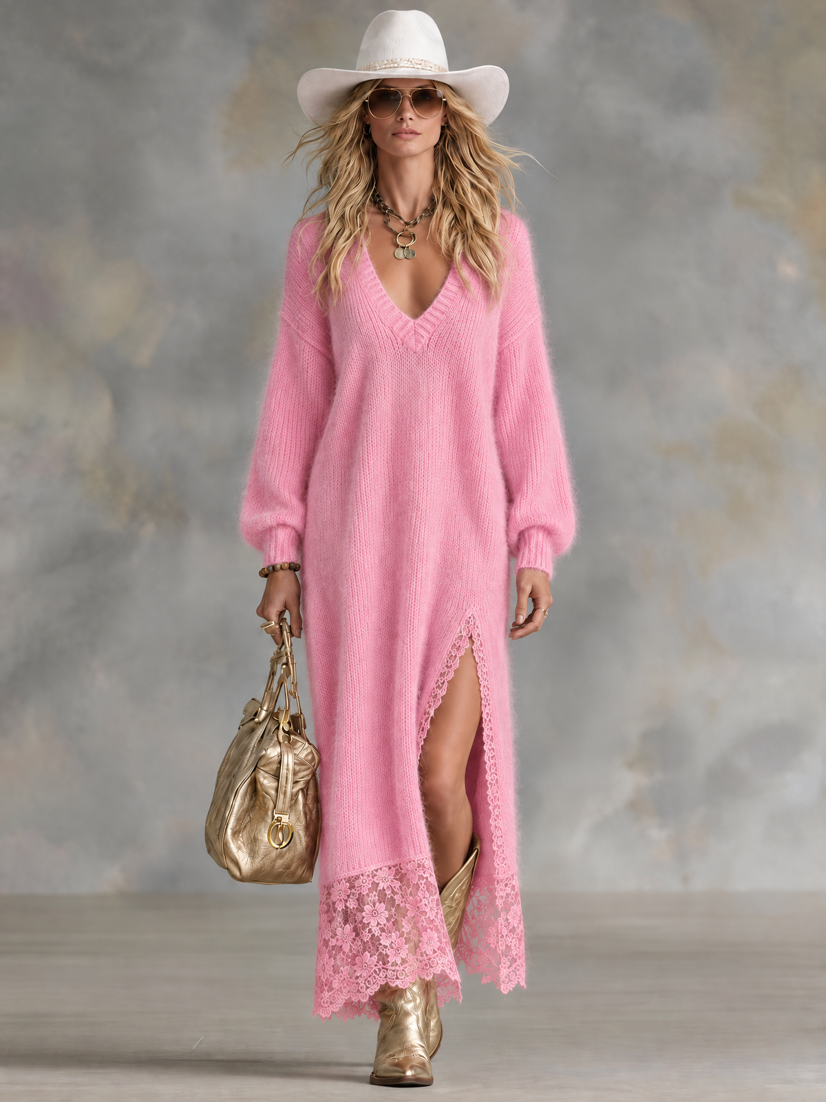 Fashionable Long-sleeved V-neck Lace Pink Mohair Knit Maxi Dress