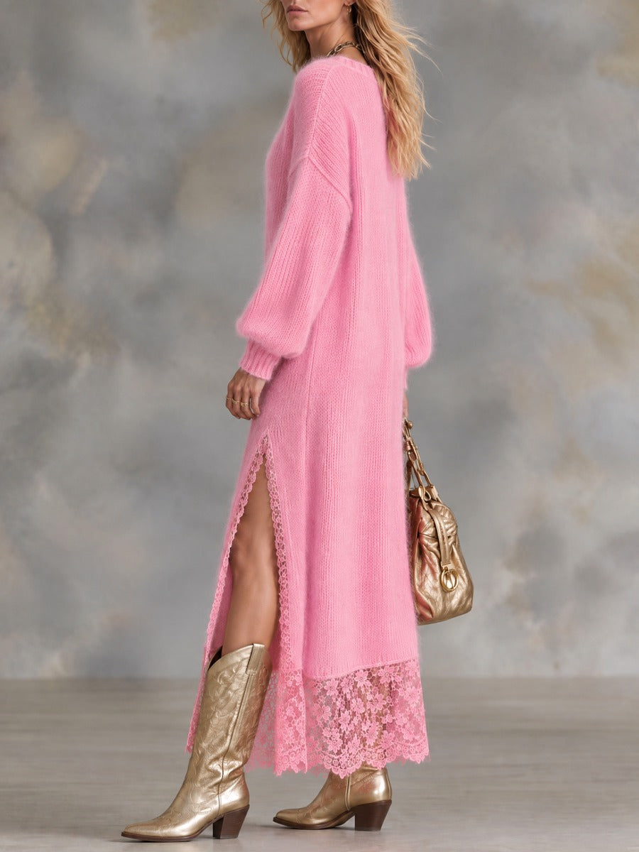 Fashionable Long-sleeved V-neck Lace Pink Mohair Knit Maxi Dress