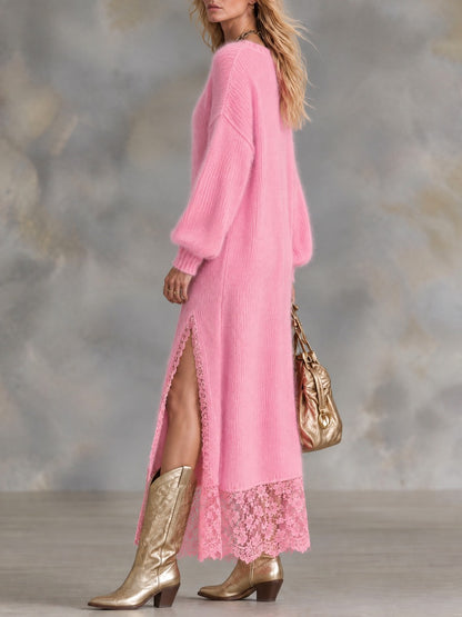 Fashionable Long-sleeved V-neck Lace Pink Mohair Knit Maxi Dress