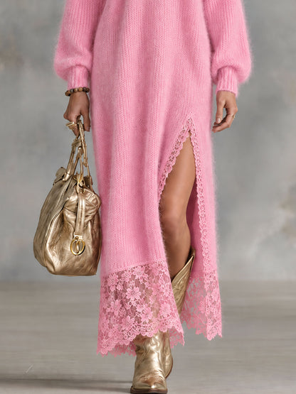 Fashionable Long-sleeved V-neck Lace Pink Mohair Knit Maxi Dress