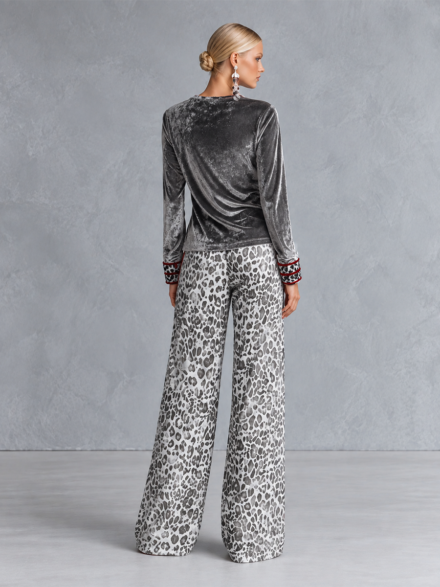 Chic Casual Striped Trim Grey Leopard-print Wide-leg Pants