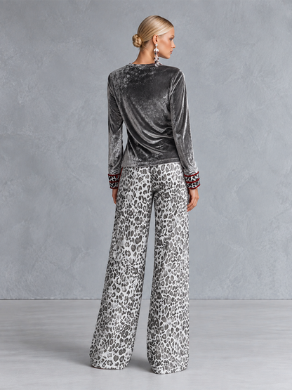 Chic Casual Leopard-print Trim Grey Velvet Long-sleeve T-shirt