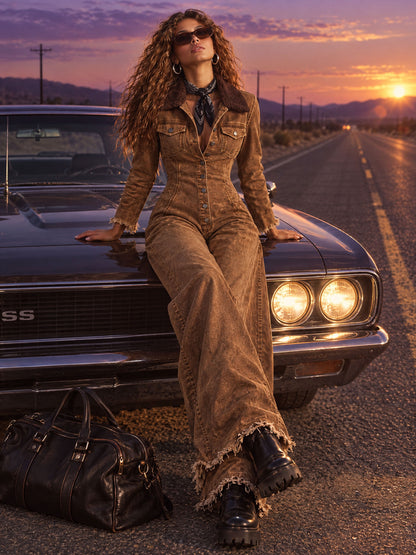 Western Retro Fleece Collar Long Sleeve Wide Leg Frayed Brown Denim Jumpsuit