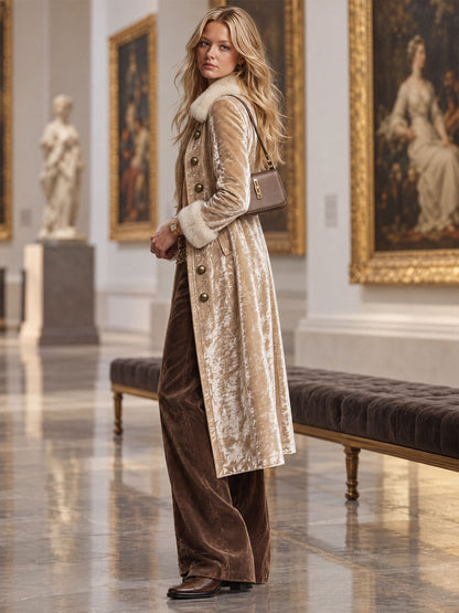 Retro Elegant Champagne Velvet Faux Fur-Trimmed Double-Breasted Long Coat