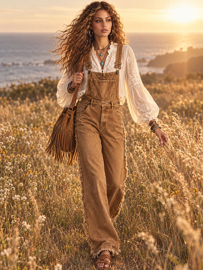 Vintage-style Frayed Wide-leg Distressed Washed Brown Denim Overalls