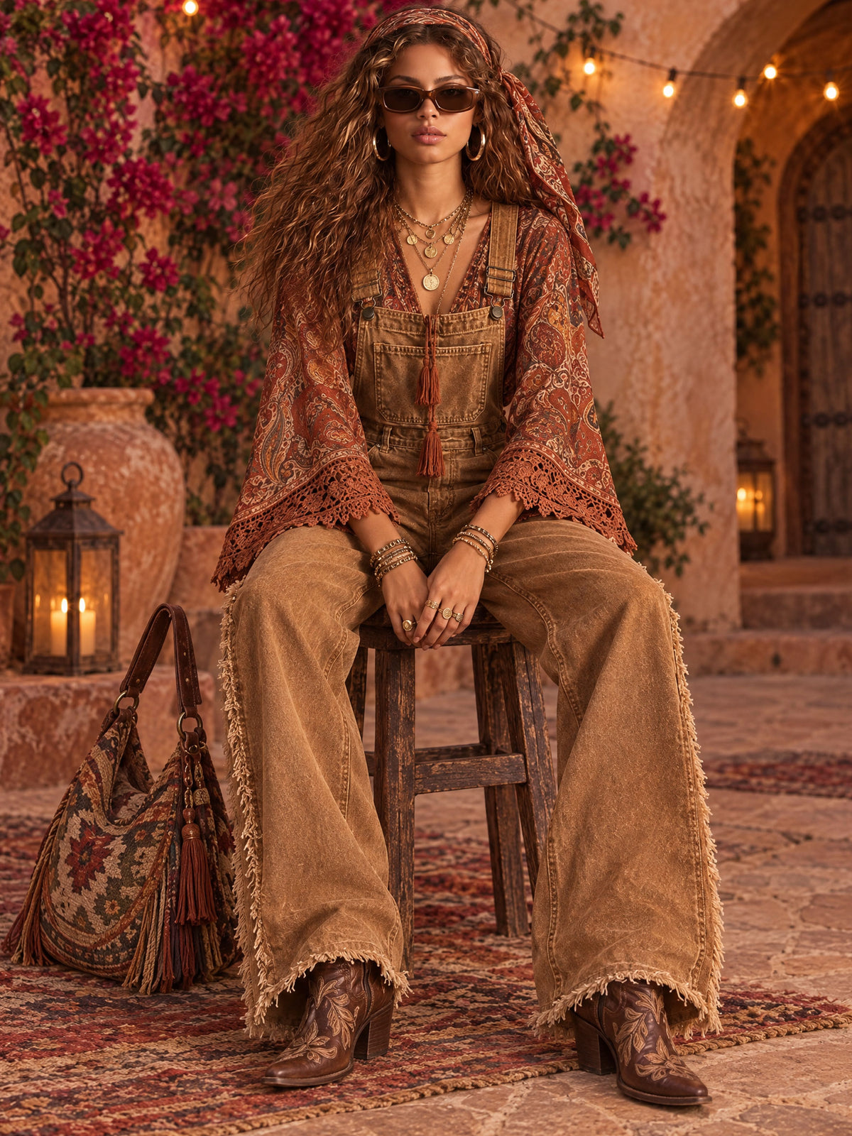 Vintage-style Frayed Wide-leg Distressed Washed Brown Denim Overalls