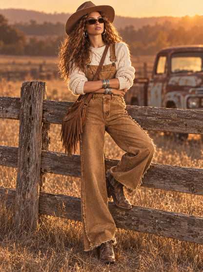Vintage-style Frayed Wide-leg Distressed Washed Brown Denim Overalls