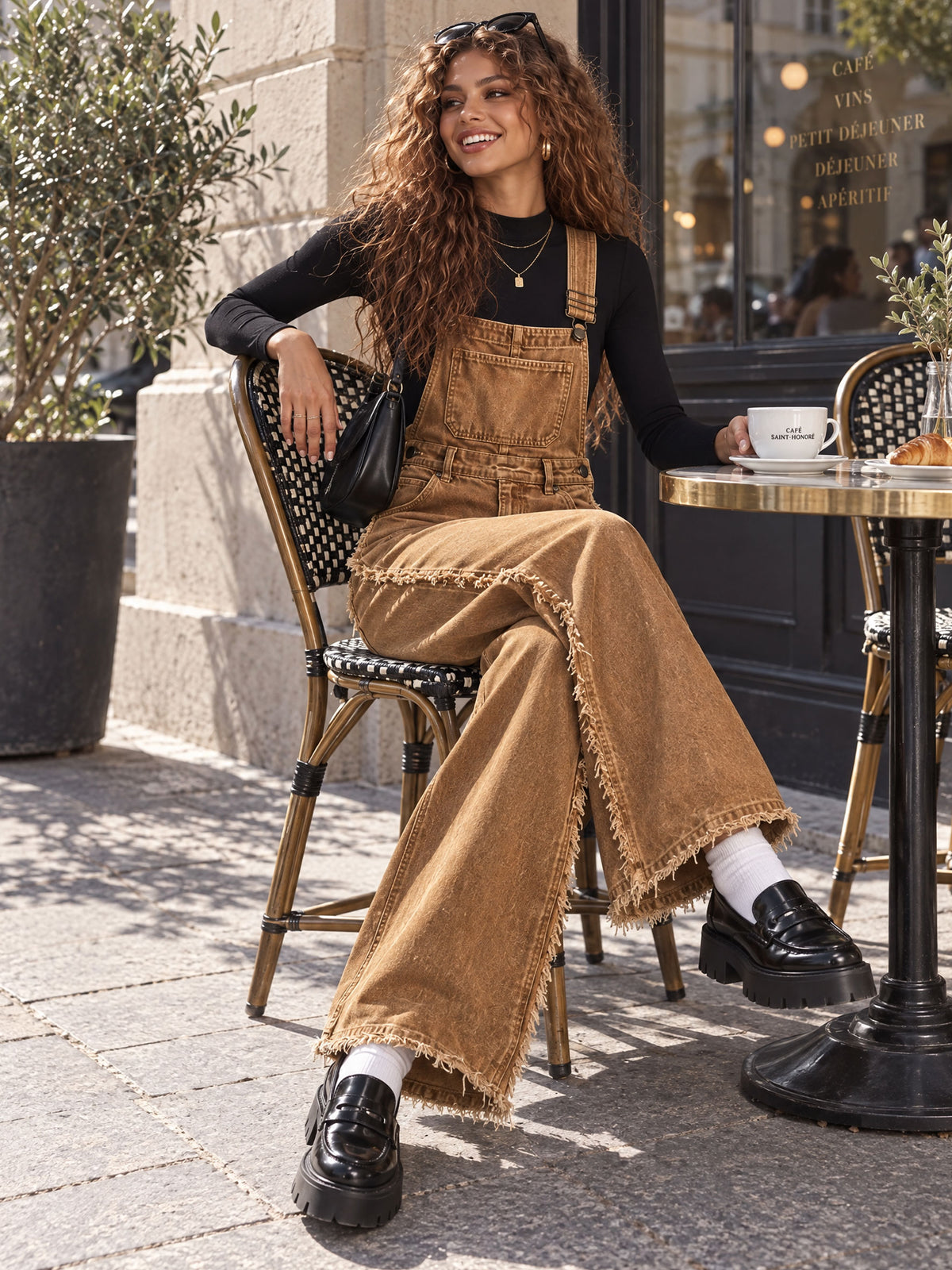 Vintage-style Frayed Wide-leg Distressed Washed Brown Denim Overalls