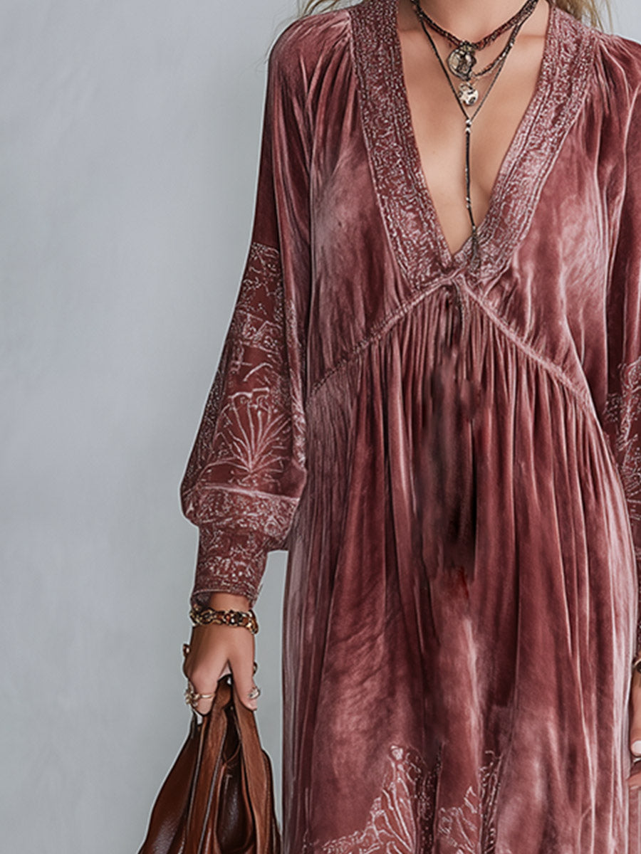 Vintage-style Dusty Pink Printed V-neck Velvet Maxi Dress