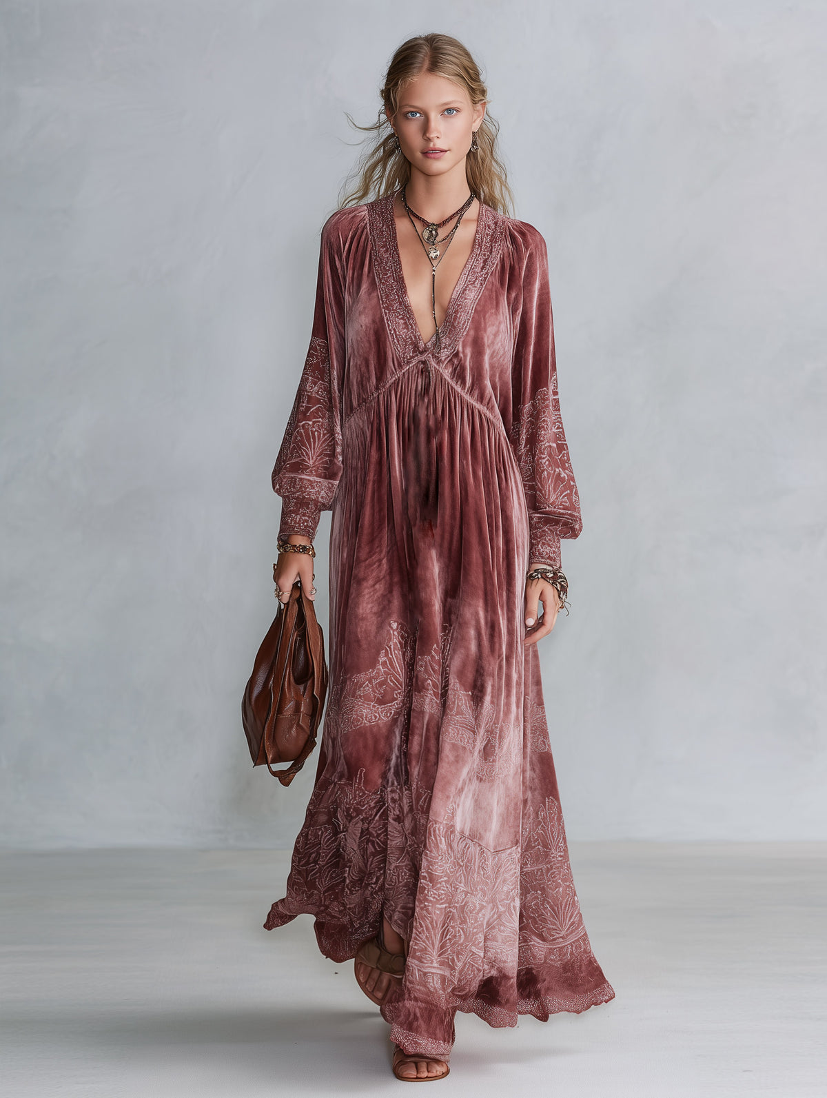 Vintage-style Dusty Pink Printed V-neck Velvet Maxi Dress