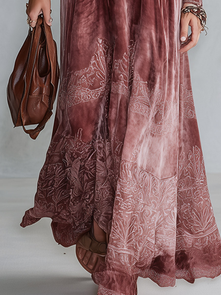 Vintage-style Dusty Pink Printed V-neck Velvet Maxi Dress